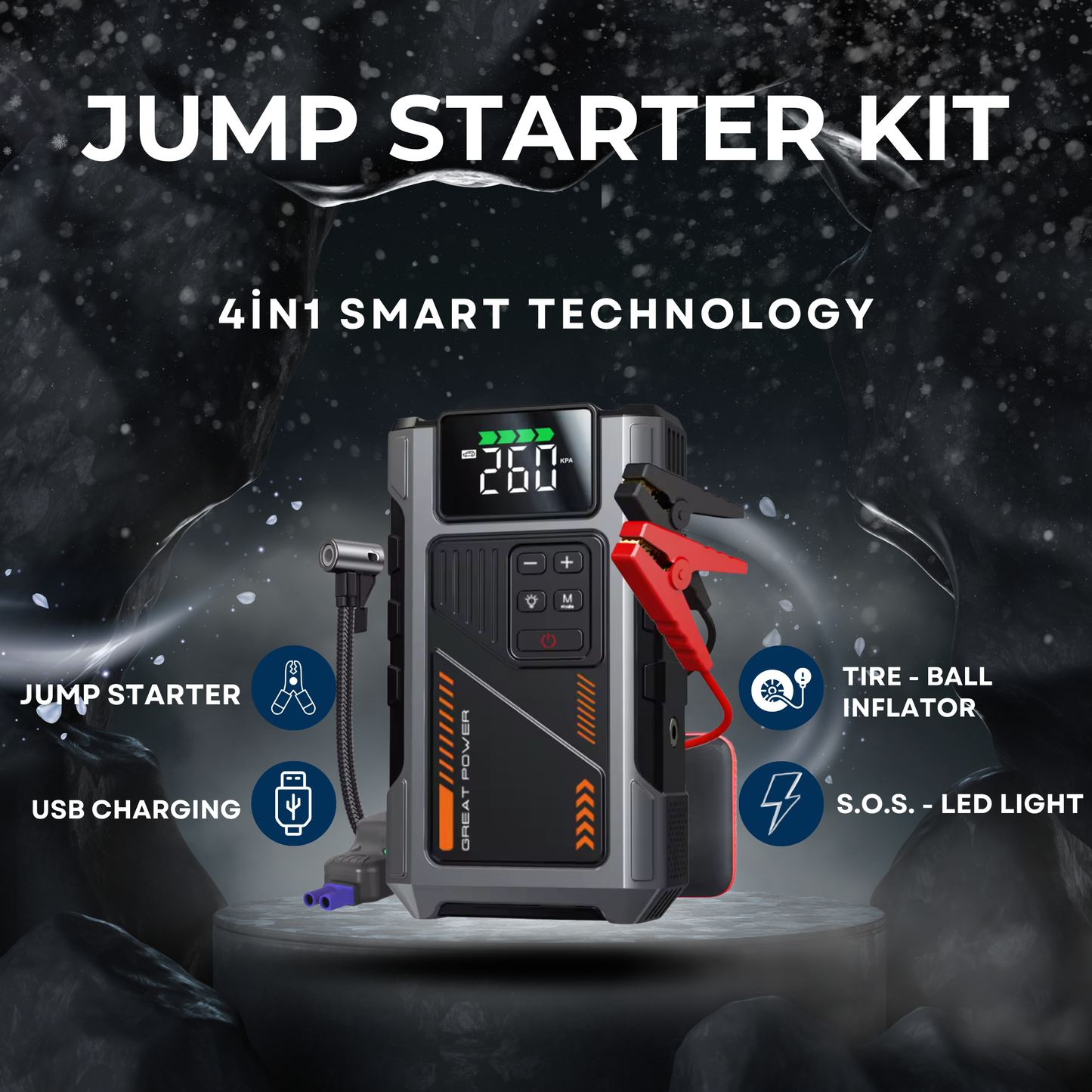 4-in-1 Portable Jump Starter - Start Dead Cars in Seconds